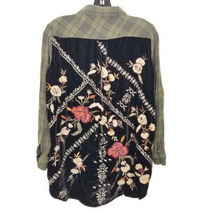 Kyla Seo Women's Embroidered Velvet Back Janis Button Up Shirt Sz S Plaid Boho